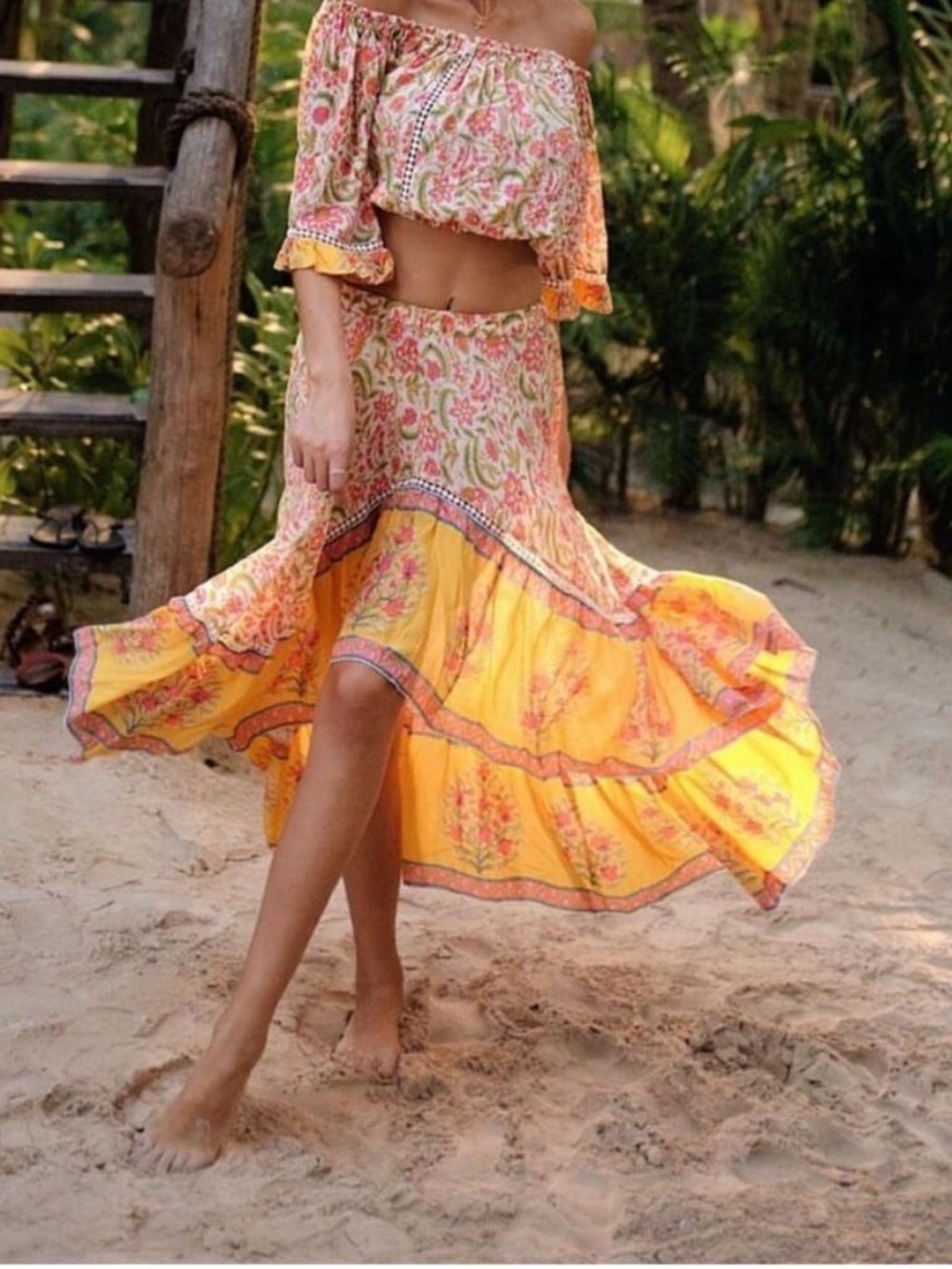 Miss June Paris 100% Cotton Boho Ruffle Skirt Sequin Braid Floral Yellow Pink XS
